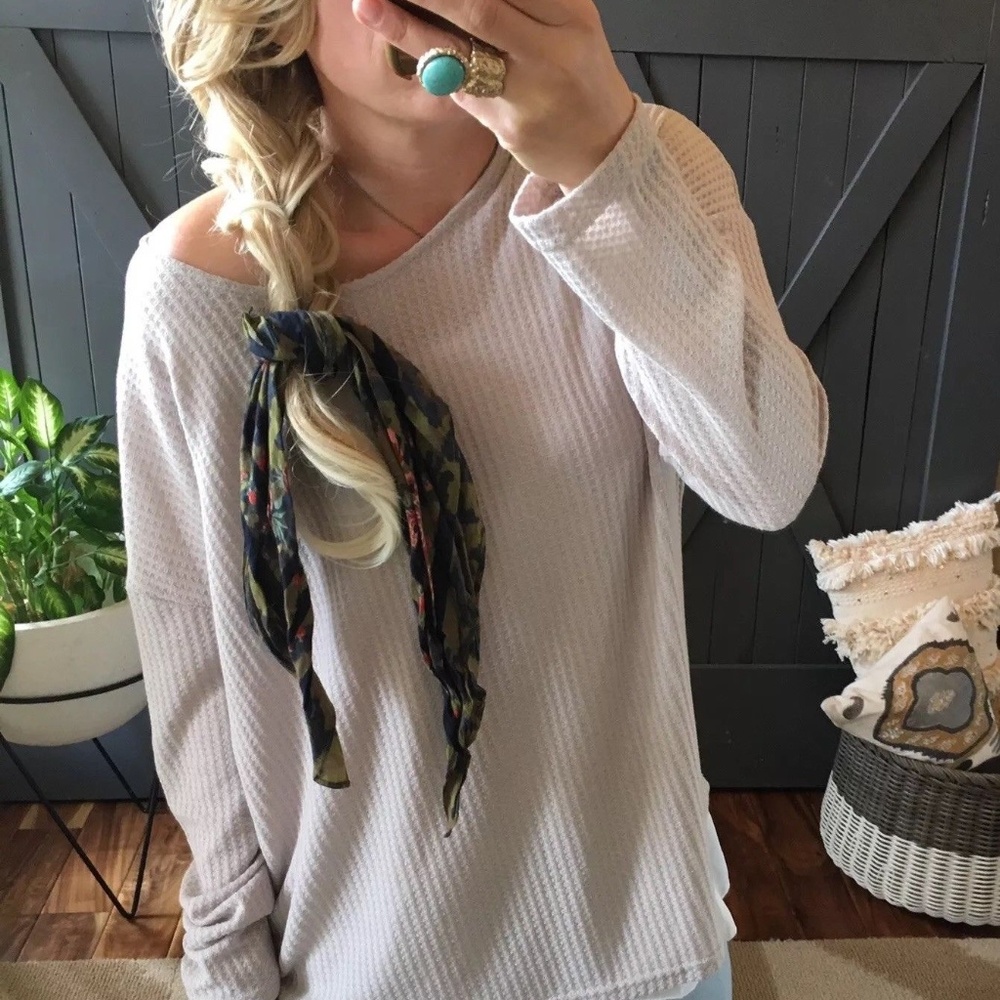 LAST ONE! 2X Lace Up Back Grey Thermal Sweater - Picture 5 of 6